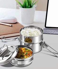 Vinod Cookware Kraft Lunch Box-Food Container Two Tier Compartment With Handle - Stainless Steel Kraft Serveware