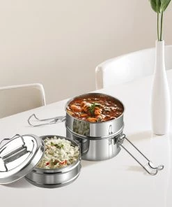 Vinod Cookware Kraft Lunch Box-Food Container Two Tier Compartment With Handle - Stainless Steel Kraft Serveware