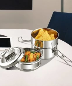 Vinod Cookware Kraft Lunch Box-Food Container Two Tier Compartment With Handle - Stainless Steel Kraft Serveware