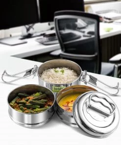 Vinod Cookware Kraft Lunch Box-Food Container Two Tier Compartment With Handle - Stainless Steel Kraft Serveware