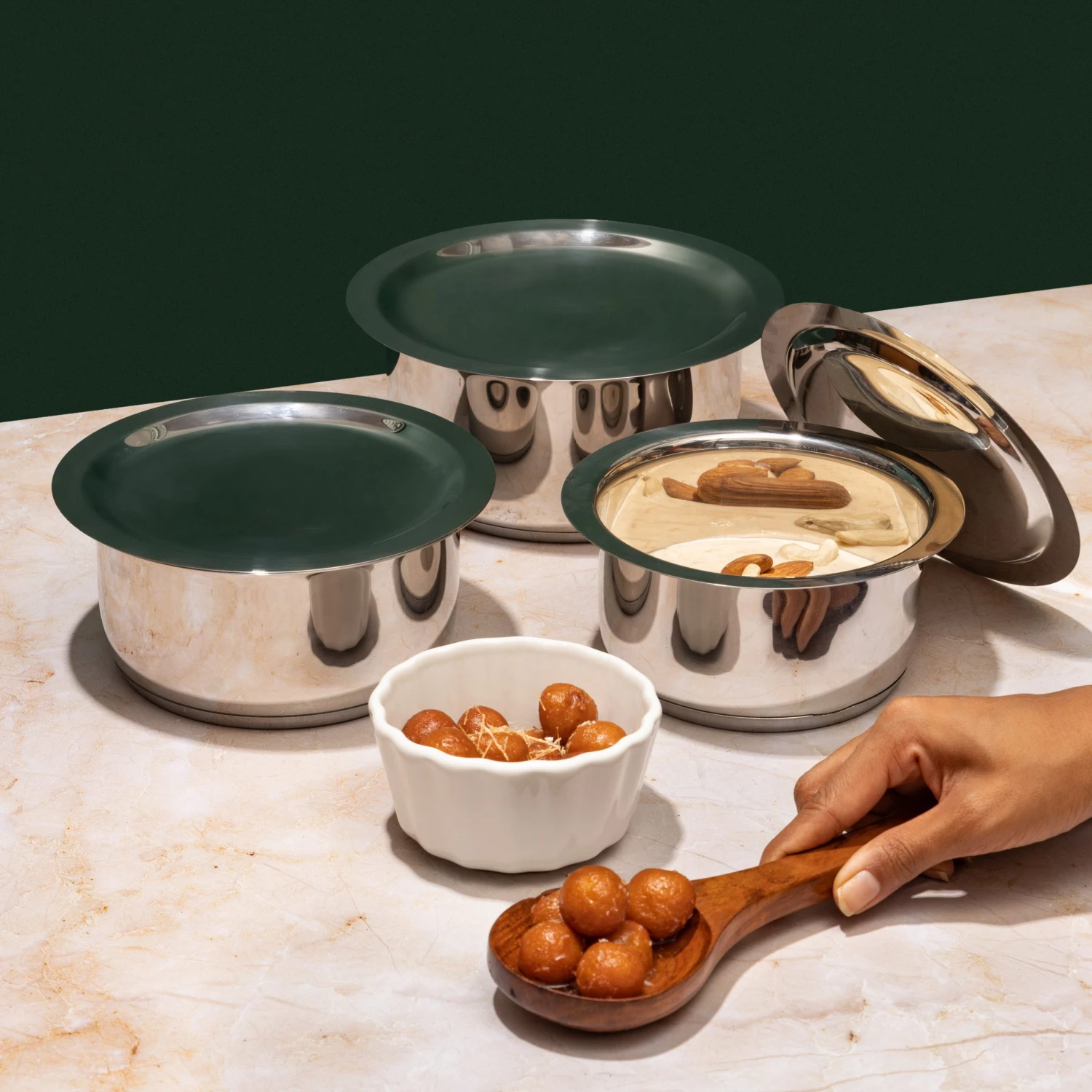 Vinod Cookware Vinod Stainless Steel, Sandwich Bottom, 3 Pc Tope Set With Lids (Induction Friendly) 3 Vinod Cookware Vinod Stainless Steel, Sandwich Bottom, 3 Pc Tope Set With Lids (Induction Friendly)