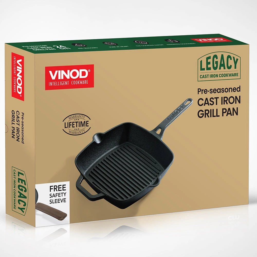 Vinod Cookware Vinod Legacy Pre - Seasoned Cast Iron Square Griddle - 24 Cm (Induction Friendly) 7 Vinod Cookware Vinod Legacy Pre - Seasoned Cast Iron Square Griddle - 24 Cm (Induction Friendly)