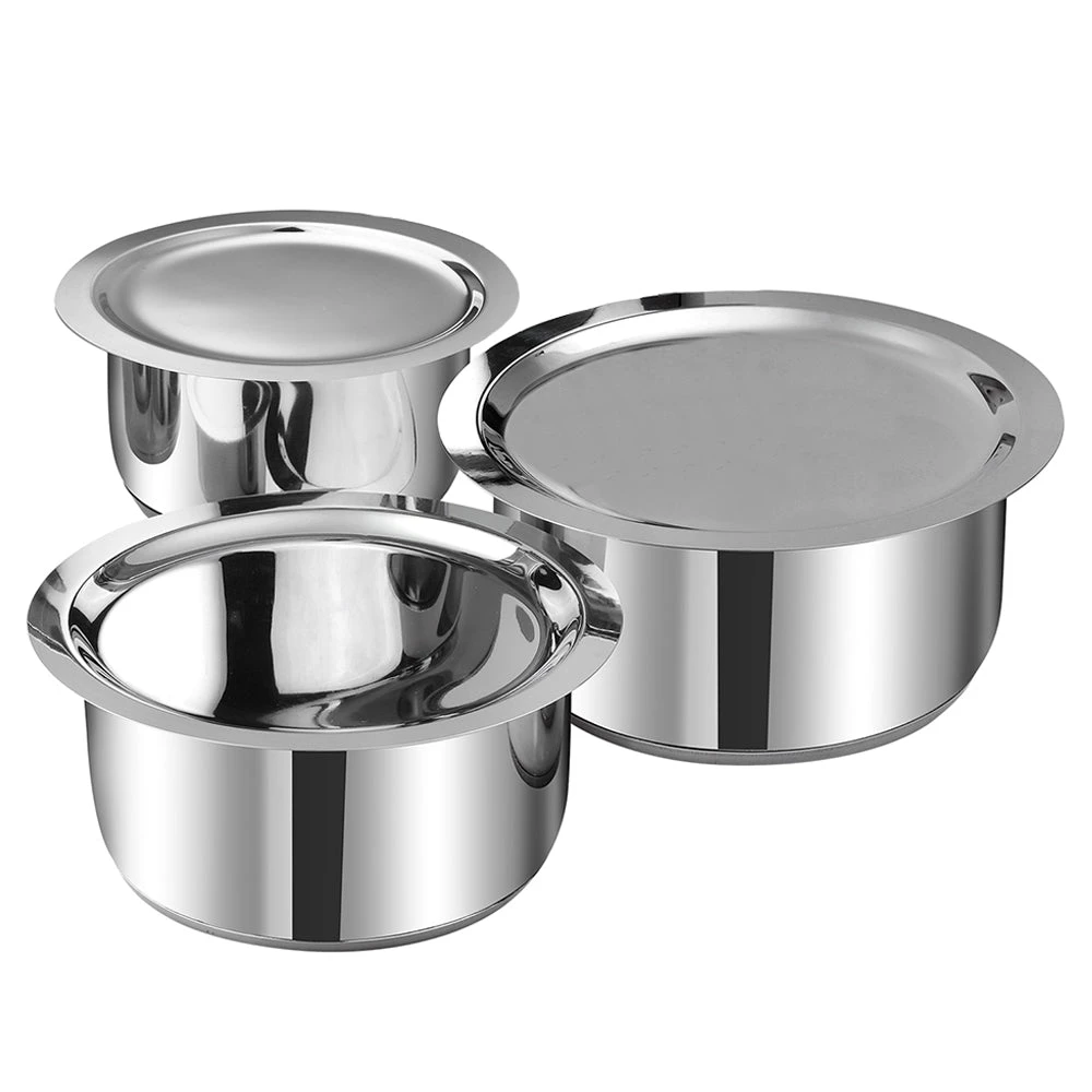 Vinod Cookware Vinod Stainless Steel, Sandwich Bottom, 3 Pc Tope Set With Lids (Induction Friendly) 4 Vinod Cookware Vinod Stainless Steel, Sandwich Bottom, 3 Pc Tope Set With Lids (Induction Friendly)