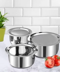 Vinod Cookware Vinod Stainless Steel, Sandwich Bottom, 3 Pc Tope Set With Lids (Induction Friendly) 10 Vinod Cookware Vinod Stainless Steel, Sandwich Bottom, 3 Pc Tope Set With Lids (Induction Friendly)