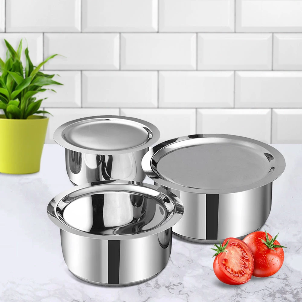 Vinod Cookware Vinod Stainless Steel, Sandwich Bottom, 3 Pc Tope Set With Lids (Induction Friendly) 5 Vinod Cookware Vinod Stainless Steel, Sandwich Bottom, 3 Pc Tope Set With Lids (Induction Friendly)